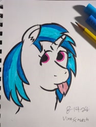 Size: 2494x3325 | Tagged: safe, artist:ideletedsystem64, dj pon-3, vinyl scratch, unicorn, g4, :p, date (time), female, forked tongue, horn, mare, marker drawing, markers, pencil, simple background, solo, tongue out, traditional art