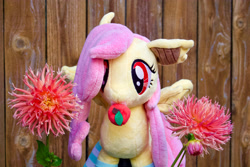 Size: 5184x3456 | Tagged: safe, artist:lilmoon, artist:natureshy, fluttershy, bat pony, pony, g4, bat ponified, dahlia (flower), flower, flutterbat, irl, photo, plushie, race swap, solo