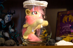 Size: 2500x1667 | Tagged: safe, artist:lanacraft, artist:natureshy, daring do, fluttershy, storm king, bat pony, pony, g4, bat ponified, flutterbat, irl, jar, photo, plushie, pony in a bottle, race swap, toy