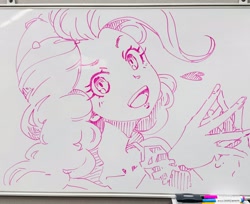 Size: 2048x1670 | Tagged: safe, artist:bonoramo, pinkie pie, human, equestria girls, g4, bust, female, hands together, irl, looking at you, open mouth, open smile, photo, smiling, smiling at you, solo, traditional art, whiteboard