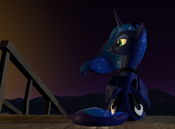 Size: 2354x1728 | Tagged: safe, artist:xafilah, princess luna, alicorn, pony, g4, 3d, butt, gmod, moonbutt, plot, sitting, solo, source filmmaker, stars, sunset