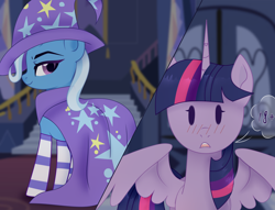 Size: 5118x3900 | Tagged: safe, artist:shallarts, trixie, twilight sparkle, alicorn, pony, unicorn, g4, bedroom eyes, blushing, cape, castle, clothes, commission, duo, duo female, female, hat, horn, lesbian, looking at each other, looking at someone, magician outfit, mare, ship:twixie, shipping, socks, striped socks, thigh highs, trixie's cape, trixie's hat, twilight sparkle (alicorn), twilight's castle, ych result