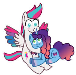 Size: 1223x1208 | Tagged: safe, artist:zoeyhorse, misty brightdawn, zipp storm, pegasus, pony, unicorn, g5, adorazipp, blush sticker, blushing, colored wings, cute, duo, duo female, female, horn, hug, lesbian, looking at each other, looking at someone, lying down, mare, mistybetes, multicolored wings, no pupils, prone, rebirth misty, ship:dawnstorm, shipping, simple background, sitting, smiling, spread wings, white background, wings