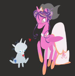 Size: 2190x2200 | Tagged: safe, artist:bunnpon, princess cadance, shining armor, alicorn, pony, unicorn, g4, alternate hairstyle, bald, black background, choker, clothes, crown, dress, duo, duo male and female, female, floating heart, folded wings, heart, height difference, high res, hoof shoes, horn, jewelry, larger female, male, mare, meme, messy tail, princess shoes, raised hoof, redraw, regalia, ship:shiningcadance, shipping, simple background, sitting, size difference, smaller male, smiling, stallion, straight, tail, the bride and the ugly ass groom, tongue out, toy interpretation, veil, wedding dress, wedding veil, wings