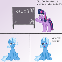 Size: 2000x2000 | Tagged: safe, artist:zoeyhorse, fluttershy, trixie, twilight sparkle, alicorn, pony, unicorn, g4, algebra, colored wings, colored wingtips, comic, dialogue, dummy, duo, duo female, female, frown, gradient background, high res, horn, lesbian, mare, math, narrowed eyes, rainbow dash's cutie mark, ship:twixie, shipping, twilight sparkle (alicorn), wings