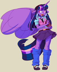 Size: 2514x3200 | Tagged: safe, artist:shadowhawx, twilight sparkle, human, g4, alicorn humanization, beige background, belly, belly button, clothes, ear piercing, earring, elf ears, female, high res, horn, horned humanization, humanized, jewelry, leg warmers, long hair, midriff, necktie, open mouth, open smile, piercing, pony coloring, simple background, skirt, smiling, solo, tail, tailed humanization, twilight sparkle (alicorn), winged humanization, wings