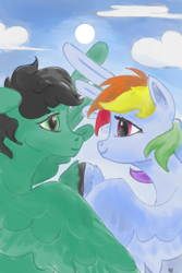 Size: 2000x3000 | Tagged: safe, artist:rapt, rainbow dash, oc, oc:anon stallion, g4, hug, looking into each others eyes, shipping, sky background, spread wings, winghug, wings