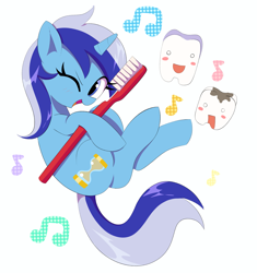 Size: 2225x2372 | Tagged: safe, artist:spoonie, minuette, pony, unicorn, g4, cute, female, happy, horn, mare, minubetes, music notes, one eye closed, open mouth, open smile, simple background, smiling, solo, teeth, toothbrush, white background