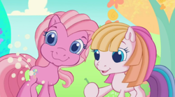 Size: 974x541 | Tagged: safe, screencap, pinkie pie (g3), toola-roola, earth pony, pony, g3, g3.5, twinkle wish adventure, :3, dandelion, dreams do come true, duo, faic, female, great moments in animation, mare, smiling, three toned mane, wat