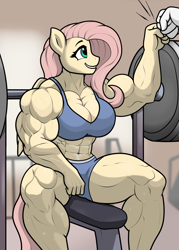 Size: 1720x2399 | Tagged: safe, artist:matchstickman, fluttershy, pegasus, anthro, g4, abs, barbell, biceps, big breasts, bodybuilder, breasts, buff breasts, busty fluttershy, calves, clothes, deltoids, duo, female, female focus, fist bump, gym, gym shorts, implied bulk biceps, looking sideways, mare, muscles, muscleshy, muscular female, offscreen character, pecs, solo focus, sports bra, sweat, thighs, thunder thighs, weights