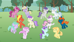 Size: 1920x1080 | Tagged: safe, artist:lumorn, artist:mlp-element, artist:the-mystery-of-doom, alula, aura (g4), cotton cloudy, dinky hooves, liza doolots, noi, petunia, piña colada, pluto, ruby pinch, sweetie belle, tootsie flute, tornado bolt, oc, oc:angela, oc:rowena, earth pony, pegasus, pony, unicorn, g4, ^^, aurabetes, awwlula, background fillies, background pony, bipedal, bowtie, cottonbetes, cute, dancing, diasweetes, dinkabetes, excited, eyes closed, female, field, filly, foal, grass, grass field, grin, happy, hooves, horn, jumping, necktie, noiabetes, open mouth, open smile, outdoors, pinchybetes, piña cutelada, plutobetes, raised hoof, raised leg, singing, smiling, tootsie cute, tornadorable, wallpaper