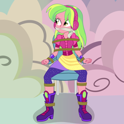 Size: 2500x2500 | Tagged: safe, artist:nie-martw-sie-o-mnie, part of a set, lemon zest, human, equestria girls, equestria girls specials, g4, my little pony equestria girls: dance magic, bondage, boots, bound and gagged, chair, cleave gag, cloth gag, clothes, female, femsub, gag, headphones, high heel boots, leggings, rope, rope bondage, shoes, sitting, solo, submissive, tied to chair