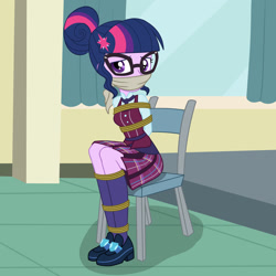 Size: 1280x1280 | Tagged: safe, artist:nie-martw-sie-o-mnie, part of a set, sci-twi, twilight sparkle, human, equestria girls, g4, bondage, bound and gagged, chair, cloth gag, clothes, crystal prep academy uniform, female, femsub, gag, glasses, hairpin, necktie, rope, rope bondage, school tie, school uniform, schoolgirl, shoes, sitting, skirt, socks, solo, submissive, twisub