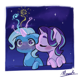 Size: 1200x1188 | Tagged: safe, artist:mottai70, starlight glimmer, trixie, pony, unicorn, g4, blushing, blushing profusely, cheek kiss, cute, diatrixes, duo, duo female, eyes closed, female, glimmerbetes, horn, kissing, lesbian, magic, magic aura, mare, night, night sky, passepartout, ship:startrix, shipping, signature, sky, stars, surprise kiss, wavy mouth