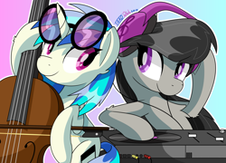 Size: 3341x2399 | Tagged: safe, artist:notadeliciouspotato, dj pon-3, octavia melody, vinyl scratch, earth pony, pony, unicorn, g4, cello, duo, duo female, female, glasses, gradient background, headphones, high res, horn, looking at each other, looking at someone, mare, musical instrument, role reversal, signature, smiling, turntable, vinyl's glasses