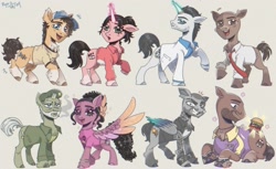 Size: 2716x1658 | Tagged: safe, artist:puyohh, earth pony, pegasus, pony, unicorn, bald, beard, bedroom eyes, beret, black mane, blue eyes, bracelet, brown coat, brown eyes, brown mane, burger, cigarette, cigarette smoke, clothes, colored wings, ear piercing, earring, facial hair, female, food, gloves, glowing, glowing horn, gradient wings, gray coat, gray mane, green coat, green eyes, grin, happy, hat, horn, horn ring, jewelry, left 4 dead, left 4 dead 2, looking at you, magic, magic aura, male, mare, moustache, necktie, piercing, pink coat, ponified, raised hoof, ring, shirt, simple background, smiling, smiling at you, spread wings, stallion, suit, t-shirt, tied mane, unshorn fetlocks, vest, white coat, wings, yellow coat