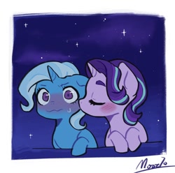 Size: 1200x1188 | Tagged: safe, artist:mottai70, starlight glimmer, trixie, pony, unicorn, g4, cheek kiss, duo, duo female, female, horn, kissing, lesbian, ship:startrix, shipping