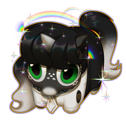 Size: 3514x3335 | Tagged: safe, alternate character, alternate version, artist:rrd-artist, oc, oc only, oc:obsidian limelight, crystal pony, unicorn, clothes, commission, goofy, horn, looking at you, shiny, simple background, solo, sparkles, stare, transparent background, uniform, ych result