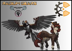 Size: 5000x3559 | Tagged: safe, artist:nsilverdraws, artist:veen, oc, oc only, oc:radium gears, bird, earth pony, pony, robot, absurd resolution, amputee, artificial intelligence, clothes, duo, duo focus, earth pony oc, feather, glowing, glowing eyes, goggles, gradient background, hat, necktie, prosthetic leg, prosthetic limb, prosthetics, reflection, steampunk, suit, tattoo, top hat