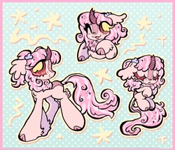 Size: 4096x3526 | Tagged: safe, artist:larvaecandy, part of a set, oc, oc only, oc:pastel sweets, kirin, :3, big hooves, blush scribble, blushing, border, bust, chibi, cloven hooves, colored, colored eyelashes, colored hooves, colored sclera, commission, ear fluff, eyelashes, eyes closed, fetlock tuft, flat colors, floppy ears, hair tie, high res, hooves, horn, kirin oc, leg fluff, leonine tail, long tail, looking back, no pupils, one eye closed, open mouth, open smile, patterned background, pink coat, pink eyelashes, pink eyes, pink hooves, pink mane, pink sclera, pink tail, polka dot background, ponytail, profile, raised hooves, shiny eyelashes, sketch page, sleeping, slender, small horn, smiling, solo, sparkly mane, sparkly tail, stars, striped mane, striped tail, tail, thin, tied mane, wingding eyes