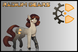 Size: 3911x2625 | Tagged: safe, alternate version, artist:nsilverdraws, artist:veen, oc, oc only, oc:radium gears, amputee, cutie mark, female, gradient background, mare, prosthetics, reflection, solo, steampunk, tattoo