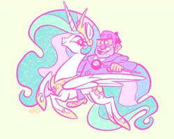 Size: 2048x1642 | Tagged: safe, artist:janegumball, part of a set, princess celestia, alicorn, human, pony, g4, black suit, cane, clothes, colored, colored eyebrows, concave belly, crossover, crown, duo, duo male and female, eyebrows, eyebrows visible through hair, eyelashes, female, fez, flat colors, flowing mane, flowing tail, flying, glasses, gravity falls, hat, holding, hoof shoes, horn, humans riding ponies, jewelry, long horn, long mane, long tail, looking at each other, looking at someone, male, mare, multicolored mane, multicolored tail, open mouth, open smile, partially open wings, peytral, pink eyes, princess shoes, profile, regalia, riding, riding a pony, shoes, signature, simple background, slender, smiling, smiling at each other, sparkly mane, sparkly tail, stanley pines, striped mane, striped tail, suit, tail, thin, thin legs, tiara, wall of tags, wavy mane, wavy tail, white coat, wings, yellow background