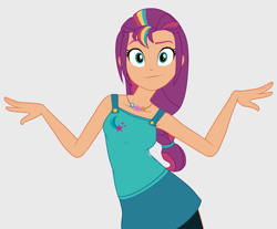 Size: 869x720 | Tagged: safe, artist:makaryo, sunny starscout, human, equestria girls, g4, g5, bare shoulders, braid, braided ponytail, clothes, collarbone, cutie mark on clothes, equestria girls-ified, female, g5 to equestria girls, g5 to g4, generation leap, gray background, jewelry, long hair, looking at you, mane stripe sunny, necklace, ponytail, simple background, sleeveless, solo, thin