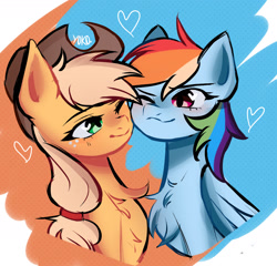 Size: 2120x2035 | Tagged: safe, artist:yokonette, applejack, rainbow dash, earth pony, pegasus, pony, g4, applejack's hat, cheek to cheek, chest fluff, cowboy hat, duo, duo female, female, freckles, hat, lesbian, one eye closed, ship:appledash, shipping