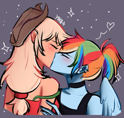 Size: 1806x1724 | Tagged: safe, artist:yokonette, applejack, rainbow dash, human, equestria girls, g4, choker, chokerdash, duo, ear piercing, earring, eyes closed, female, floating heart, heart, jewelry, kissing, lesbian, piercing, ship:appledash, shipping