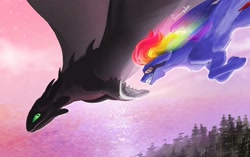 Size: 1532x963 | Tagged: safe, artist:sorninay, rainbow dash, dragon, night fury, pegasus, pony, g4, crossover, dreamworks, duo, ears back, female, flying, goggles, grin, how to train your dragon, mare, smiling, toothless the dragon, windswept mane