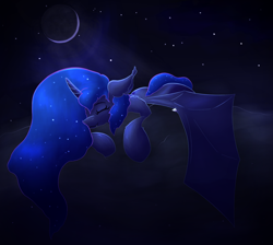 Size: 2398x2144 | Tagged: safe, artist:gosha305, princess luna, alicorn, bat pony, bat pony alicorn, pony, g4, bat ponified, bat wings, cloud, crescent moon, curved horn, cute, ear fluff, ethereal mane, eyes closed, fangs, female, floppy ears, fluffy, full body, horn, lunabat, mare, moon, moonlight, night, night sky, on a cloud, race swap, shoulder fluff, sky, sleeping, smiling, solo, spread wings, starry mane, wings