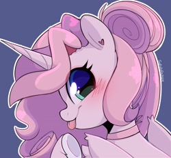 Size: 4096x3778 | Tagged: safe, artist:sakukitty, oc, oc only, oc:saku, alicorn, pony, alicorn oc, blushing, female, high res, horn, looking at you, mare, neck, profile, smiling, smiling at you, solo, tongue out, wings