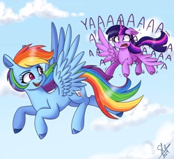 Size: 1280x1169 | Tagged: safe, artist:galaxy swirl, rainbow dash, twilight sparkle, alicorn, pegasus, pony, g4, princess twilight sparkle (episode), backwards cutie mark, cloud, duo, duo female, emanata, female, floppy ears, flying, flying lesson, looking back, mare, open mouth, open smile, outdoors, screaming, signature, sky, smiling, spread wings, sweat, sweatdrops, tail, twilight sparkle (alicorn), wings