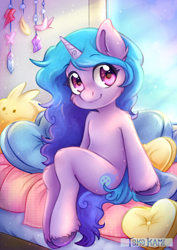 Size: 2480x3507 | Tagged: safe, artist:tokokami, izzy moonbow, pony, unicorn, semi-anthro, g5, arm hooves, cheek fluff, cute, female, high res, horn, izzybetes, looking at you, mare, pillow, shoulder fluff, sitting, smiling, smiling at you, solo, tail, unshorn fetlocks