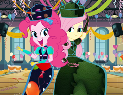 Size: 3227x2497 | Tagged: safe, artist:cartoonmasterv3, fluttershy, pinkie pie, human, equestria girls, g4, british, clothes, dancing, dress, long dress, long skirt, party, request, skirt