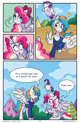 Size: 1496x2300 | Tagged: safe, artist:skysorbett, oc, oc only, oc:sky sorbet, oc:twister joy, pegasus, pony, comic:breaking free, balloon, blushing, clothes, comic, female, male, mare, outdoors, speech bubble, stallion, talking