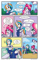 Size: 1496x2300 | Tagged: safe, artist:skysorbett, oc, oc only, oc:sky sorbet, oc:twister joy, pegasus, pony, comic:breaking free, balloon, clothes, comic, female, laughing, male, mare, outdoors, speech bubble, stallion, talking