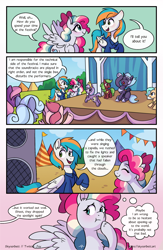 Size: 1496x2300 | Tagged: safe, artist:skysorbett, oc, oc only, oc:sky sorbet, oc:twister joy, pegasus, pony, comic:breaking free, balloon, clothes, comic, female, male, mare, outdoors, speaker, speech bubble, stage, stallion, talking