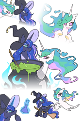 Size: 3000x4500 | Tagged: safe, artist:atardanto, princess celestia, princess luna, alicorn, ghost, ghost pony, pony, g4, beaker, boo, broom, cauldron, cute, cutelestia, duo, duo female, female, flying, flying broomstick, folded wings, glowing, glowing horn, hat, high res, horn, levitation, looking at each other, looking at someone, looking at something, magic, magic aura, open mouth, open smile, pot, potion, royal sisters, siblings, simple background, sisters, smiling, smiling at each other, telekinesis, torn ear, white background, wings, witch hat