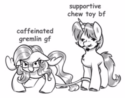 Size: 4096x3215 | Tagged: safe, artist:opalacorn, oc, oc only, oc:ivy rose, oc:logic loop, pegasus, pony, unicorn, black and white, chest fluff, commission, duo, duo male and female, female, glasses, grayscale, horn, leash, male, mare, monochrome, oc x oc, shipping, simple background, straight, text, unshorn fetlocks, white background, ych result