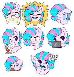 Size: 3323x3432 | Tagged: safe, artist:kristina, oc, oc only, oc:sweetie swirl, bat pony, pony, commission, computer, emotions, laptop computer, simple background, solo, sticker, transparent background, ych result