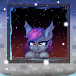 Size: 2000x2000 | Tagged: safe, artist:confetticakez, oc, oc only, oc:andromeda aurora, bat pony, pony, bat pony oc, chest fluff, fangs, female, filly, foal, high res, snow, snowfall, solo, unamused, window