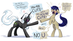 Size: 4000x2250 | Tagged: oc name needed, safe, artist:confetticakez, oc, oc only, oc:nethlarion, earth pony, pony, unicorn, angry, argument, bipedal, chest fluff, cross-popping veins, cute, denial's not just a river in egypt, dialogue, duo, earth pony oc, emanata, eye clipping through hair, eye contact, floppy ears, frown, glare, glasses, high res, hoof fluff, horn, i'm not cute, leg fluff, looking at each other, male, no u, ocbetes, open mouth, pointing, raised hoof, rearing, shrunken pupils, simple background, speech bubble, stallion, sternocleidomastoid, tail, tongue out, unicorn oc, uvula, white background, wholesome, why not both, wide eyes, yelling