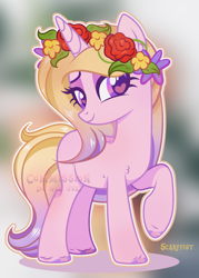 Size: 1920x2680 | Tagged: safe, artist:scarffist, oc, oc only, pony, unicorn, base used, commission, flower, flower in hair, happy, horn, long hair, long mane, pink coat, pink mane, smiling, solo, ych result