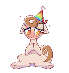 Size: 1217x1291 | Tagged: safe, artist:confetticakez, oc, oc only, oc:cinnamon spangled, earth pony, pony, bandana, birthday, blushing, cute, earth pony oc, female, floppy ears, hat, mare, nervous, ocbetes, party hat, scrunchy face, shy, simple background, sitting, solo, sweat, sweatdrop, tail, underhoof, white background