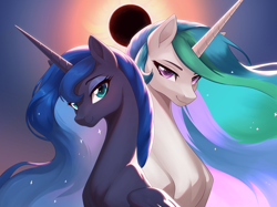 Size: 3720x2779 | Tagged: safe, artist:sierraex, princess celestia, princess luna, alicorn, pony, g4, beautiful, duo, duo female, eclipse, ethereal mane, female, folded wings, high res, horn, long mane, mare, missing accessory, royal sisters, siblings, sisters, slender, smiling, solar eclipse, starry mane, thin, wings