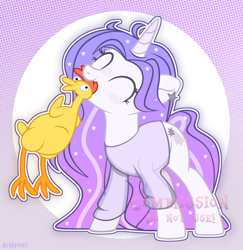 Size: 1920x1973 | Tagged: safe, artist:scarffist, oc, oc only, bird, chicken, pony, unicorn, base used, clothes, commission, ear piercing, earring, eyes closed, gradient background, happy, horn, jewelry, long hair, long mane, piercing, purple mane, solo, stars, toy, white coat