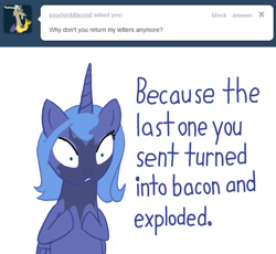 Size: 640x589 | Tagged: artist needed, safe, discord, princess luna, alicorn, pony, g4, ask, bacon, dialogue, duo, duo male and female, female, food, horn, implied bacon, male, mare, meat, question, question mark, s1 luna, simple background, text, tumblr, white background