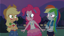 Size: 1280x720 | Tagged: safe, artist:mcdeviantartistyes, edit, edited screencap, screencap, applejack, pinkie pie, rainbow dash, human, equestria girls, g4, my little pony equestria girls: better together, appledashpie, blushing, female, lesbian, night, pinkie pie gets all the mares, polyamory, ship:applepie, ship:pinkiedash, shipping, trio, trio female