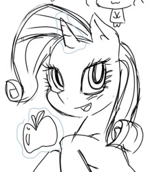 Size: 524x568 | Tagged: safe, artist:dashwooo, rarity, pony, unicorn, g4, apple, food, horn, magic, monochrome, simple background, white background